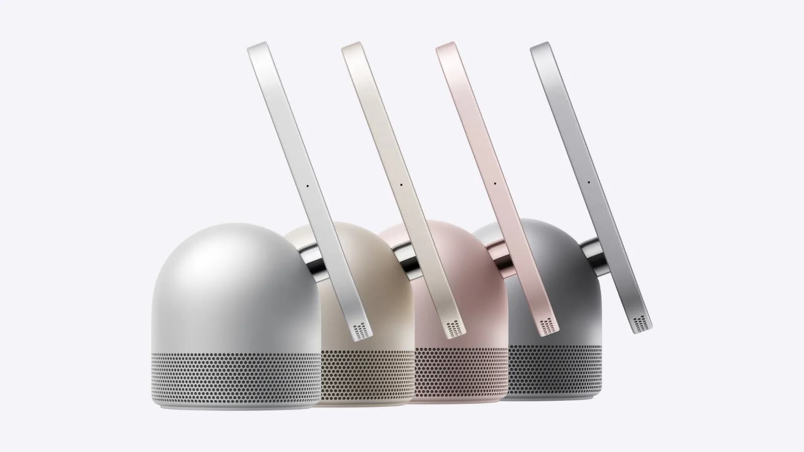 Apple HomeView -älykotikeskus pöydällä, näyttö ja kupolimainen kaiutinjalusta näkyvissä