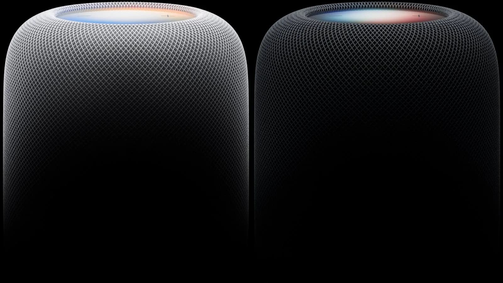 Apple HomePod speaker beside a colorful Siri AI glow