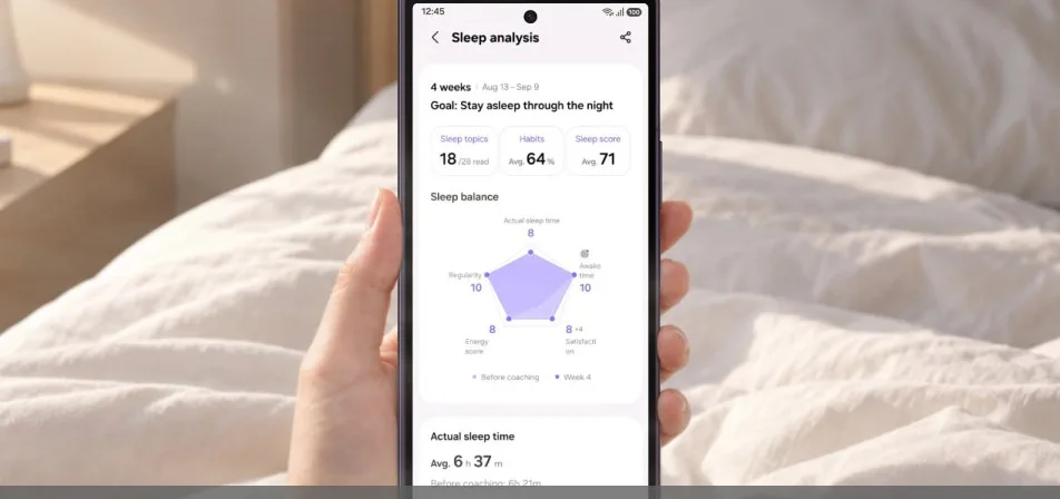 Samsung Health Sleep Coaching and Running Coach features on a Galaxy device