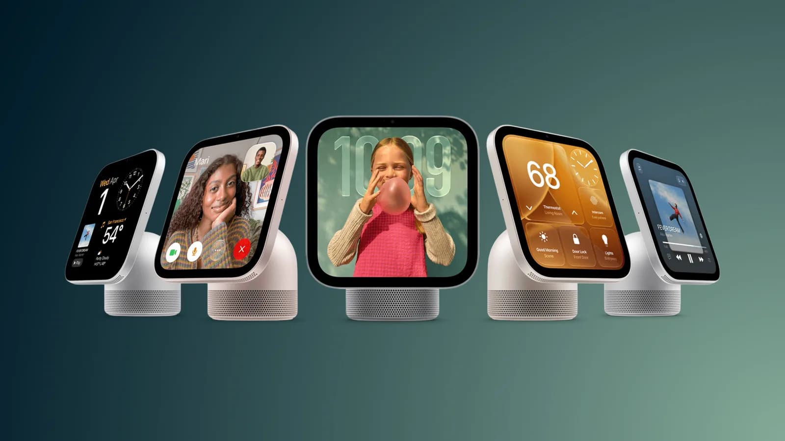 Écran connecté Apple HomeView en configuration de table avec une base équipée d’un haut-parleur