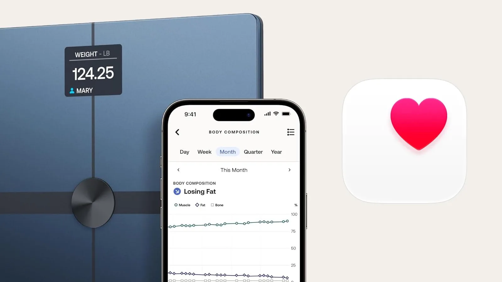 Умные весы Withings рядом с iPhone, на котором отображаются данные Apple Health