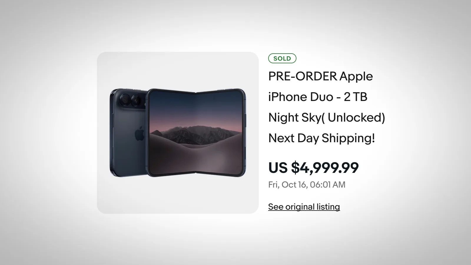iPhone Duo con acabado Night Sky junto a un anuncio de reventa en eBay