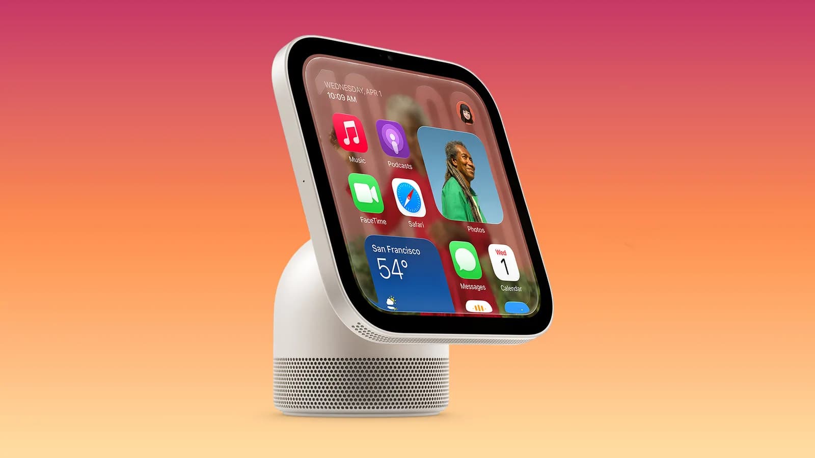 Ilustración de un hub HomeView de Apple más grande con pantalla giratoria para el hogar inteligente