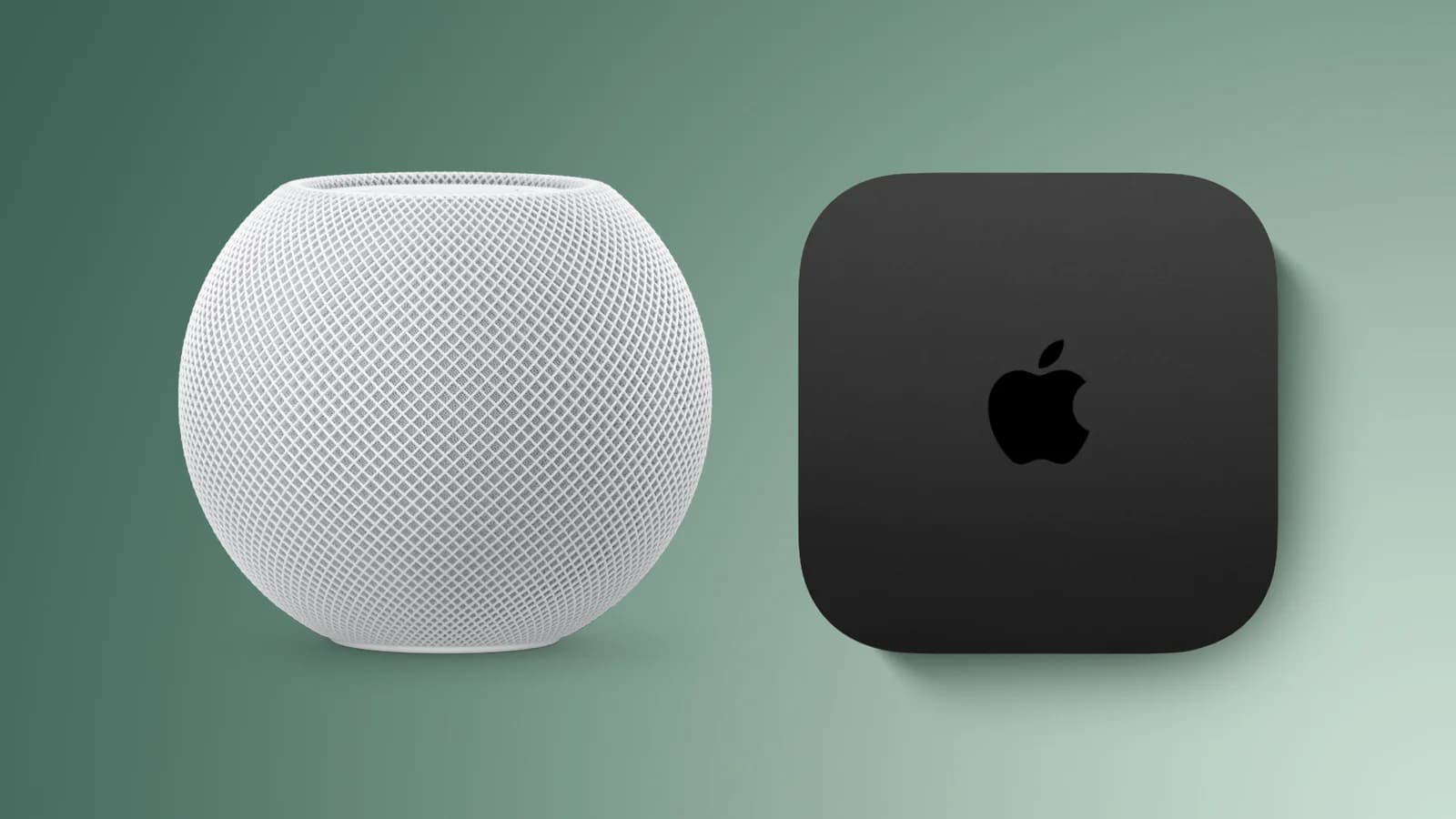 Apple TV 4K-box och HomePod mini-högtalare på en hylla i ett vardagsrum